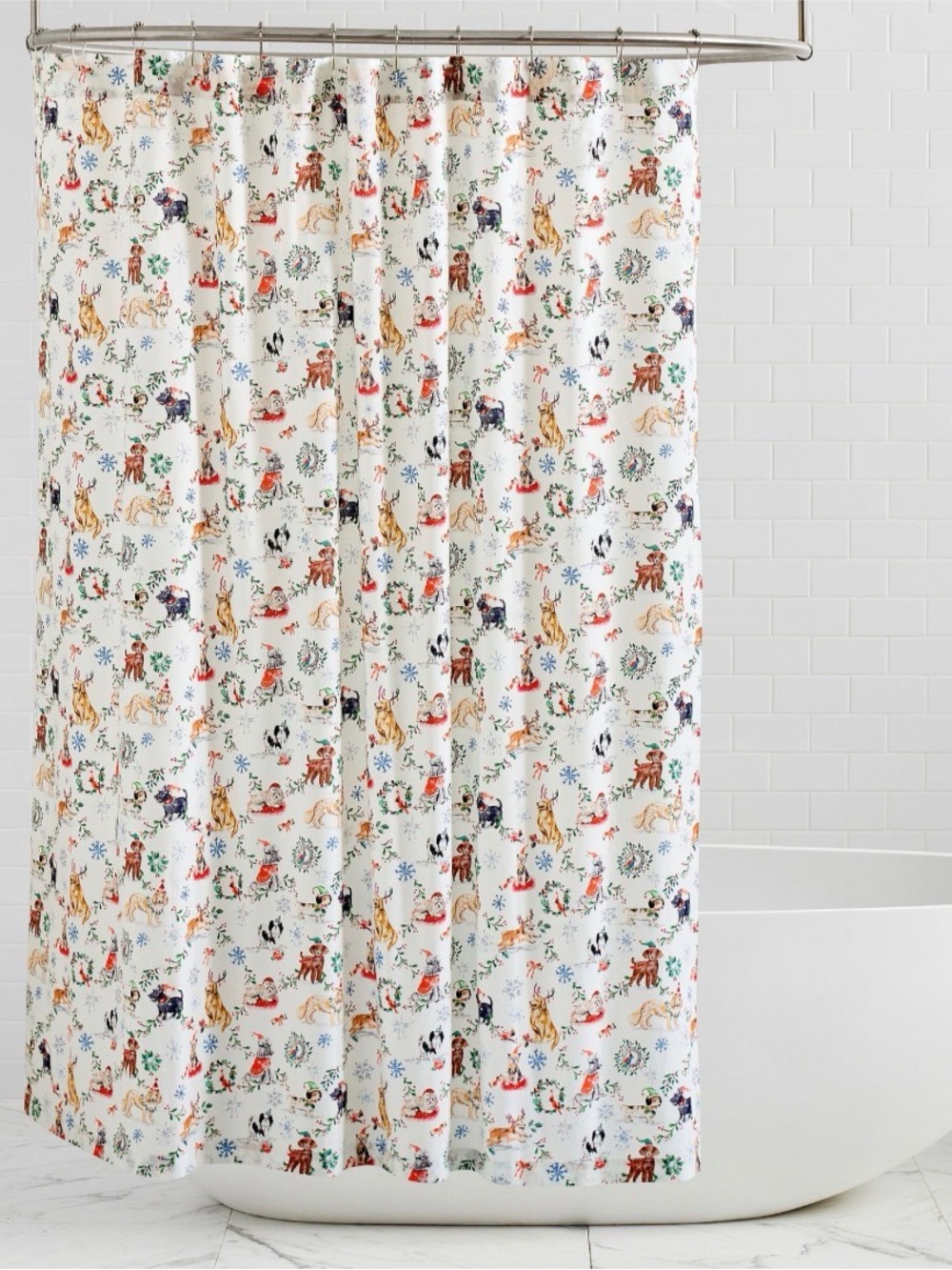 Pottery Barn Christmas Dogs Shower Curtain 72x72” Square Vintage Retro Vibe - Picture 4 of 4